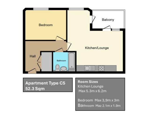 Floor plan 1 bedroom apartment - artist's impression subject to change